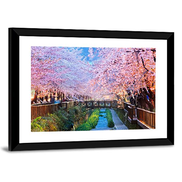 Cherry Blossoms At Night Canvas Wall Art-3 Horizontal-Gallery Wrap-25" x 16"-Tiaracle