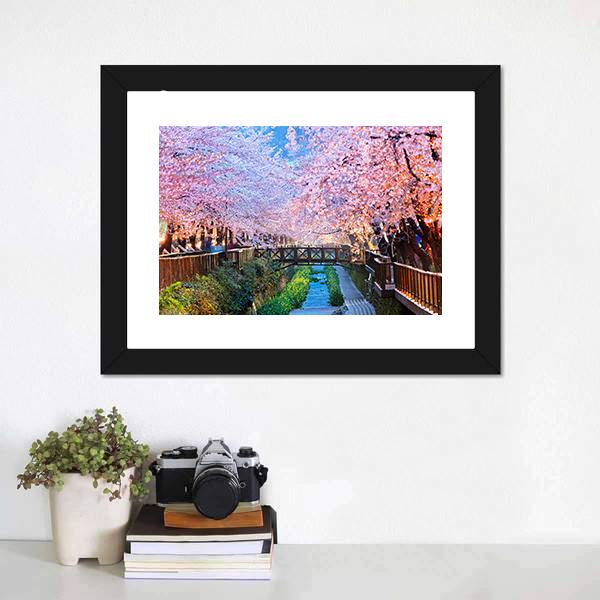 Cherry Blossoms At Night Canvas Wall Art-1 Piece-Framed Print-20" x 16"-Tiaracle