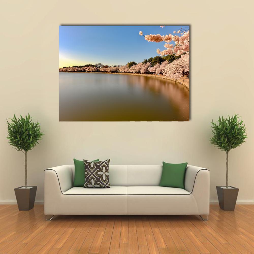 Cherry Blossoms at Tidal Basin Canvas Wall Art in brown, blue and pink, single panel hung on a wall