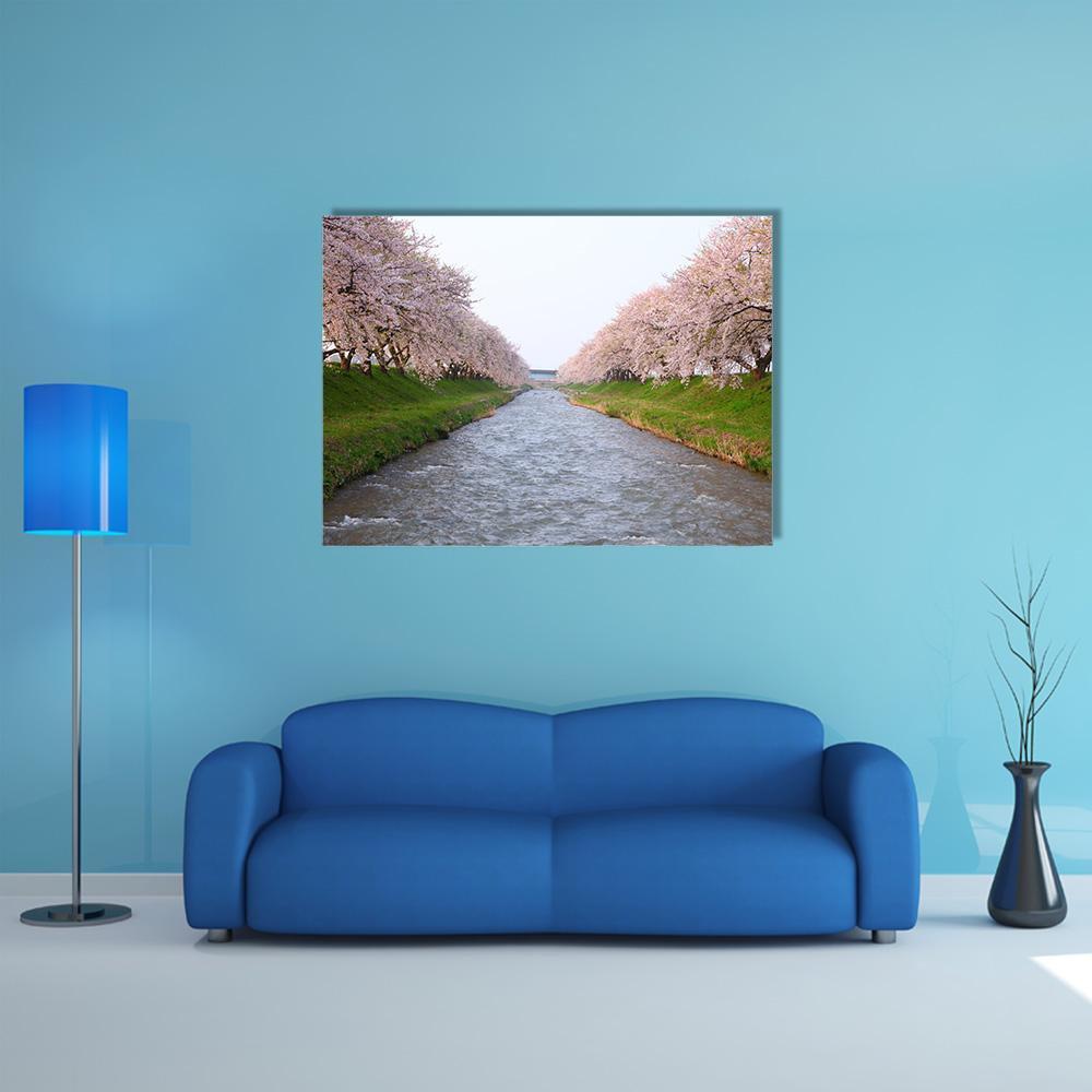 Cherry Tree & River Canvas Wall Art-1 Piece-Gallery Wrap-48" x 32"-Tiaracle
