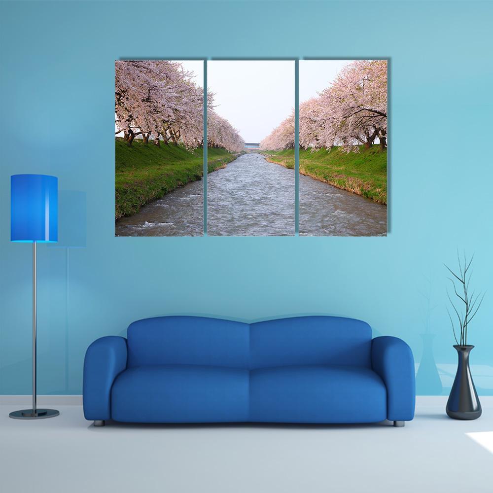 Cherry Tree &amp; River Canvas Wall Art-3 Horizontal-Gallery Wrap-37" x 24"-Tiaracle