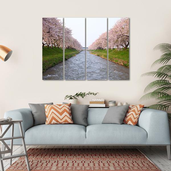 Cherry Tree &amp; River Canvas Wall Art-4 Horizontal-Gallery Wrap-34" x 24"-Tiaracle