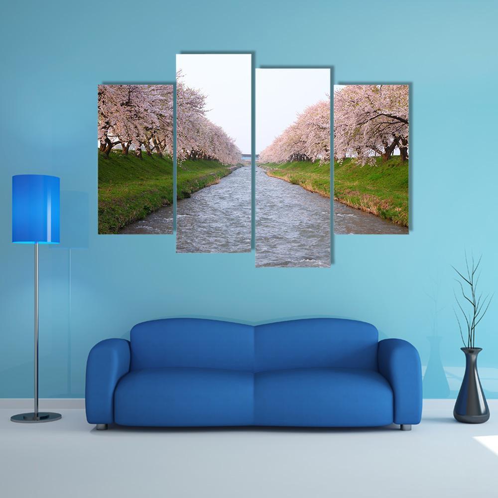Cherry Tree & River Canvas Wall Art-1 Piece-Gallery Wrap-48" x 32"-Tiaracle