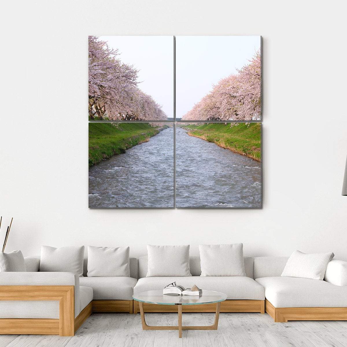Cherry Tree &amp; River Canvas Wall Art-4 Square-Gallery Wrap-17" x 17"-Tiaracle