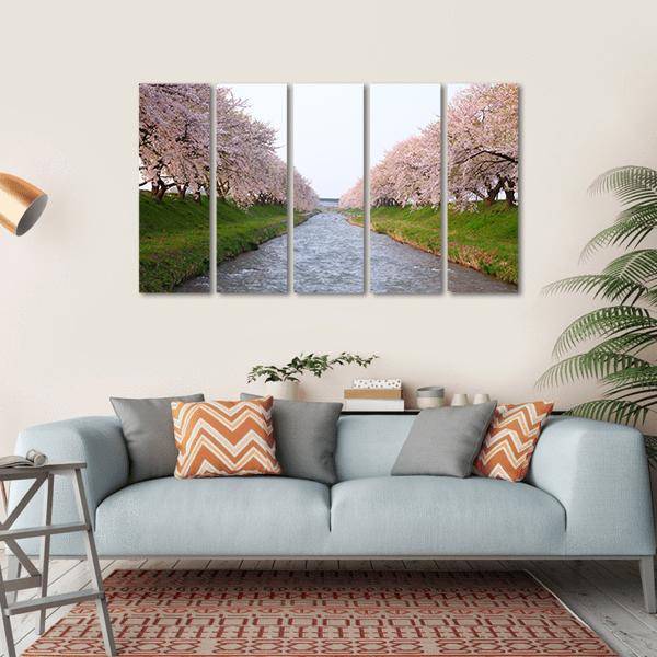 Cherry Tree &amp; River Canvas Wall Art-5 Horizontal-Gallery Wrap-22" x 12"-Tiaracle