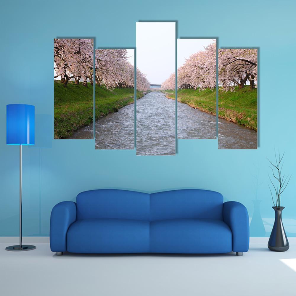 Cherry Tree &amp; River Canvas Wall Art-5 Pop-Gallery Wrap-47" x 32"-Tiaracle