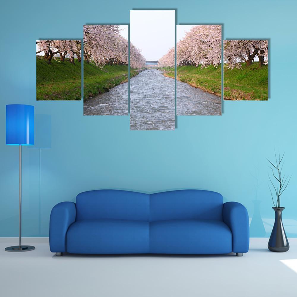 Cherry Tree &amp; River Canvas Wall Art-5 Star-Gallery Wrap-62" x 32"-Tiaracle
