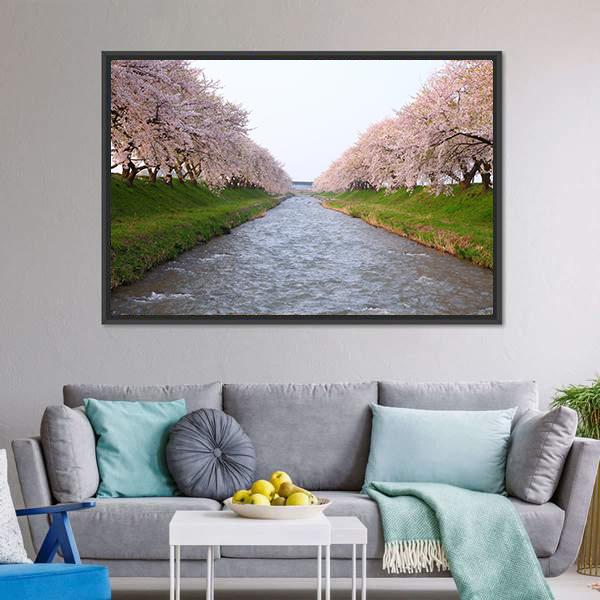 Cherry Tree &amp; River Canvas Wall Art-1 Piece-Floating Frame-24" x 16"-Tiaracle