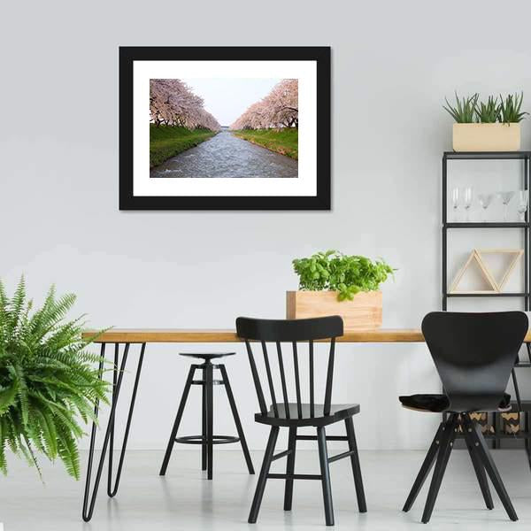 Cherry Tree &amp; River Canvas Wall Art-3 Horizontal-Gallery Wrap-25" x 16"-Tiaracle