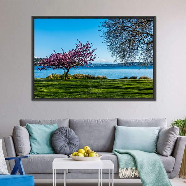 Cherry Tree Near Lake Canvas Wall Art-1 Piece-Floating Frame-24" x 16"-Tiaracle