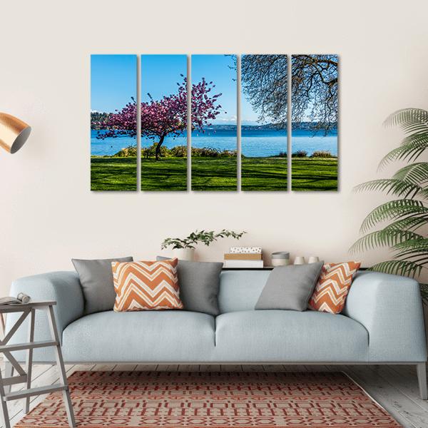 Cherry Tree Near Lake Canvas Wall Art-5 Horizontal-Gallery Wrap-22" x 12"-Tiaracle