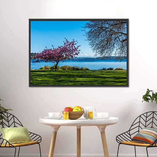 Cherry Tree Near Lake Canvas Wall Art-3 Horizontal-Gallery Wrap-25" x 16"-Tiaracle