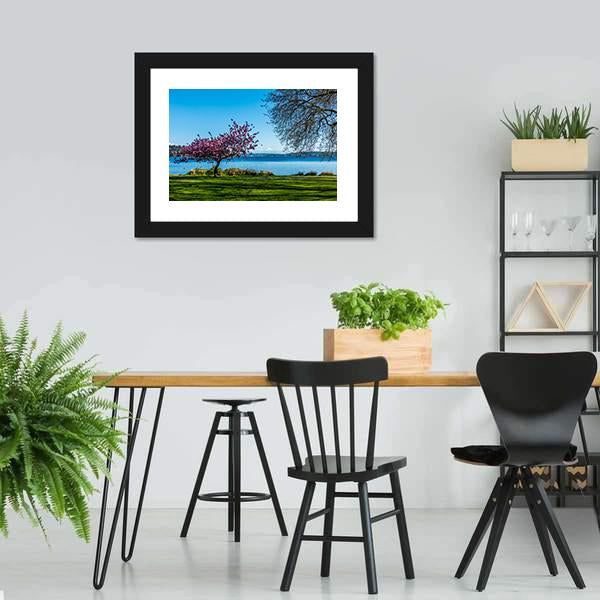 Cherry Tree Near Lake Canvas Wall Art-3 Horizontal-Gallery Wrap-25" x 16"-Tiaracle