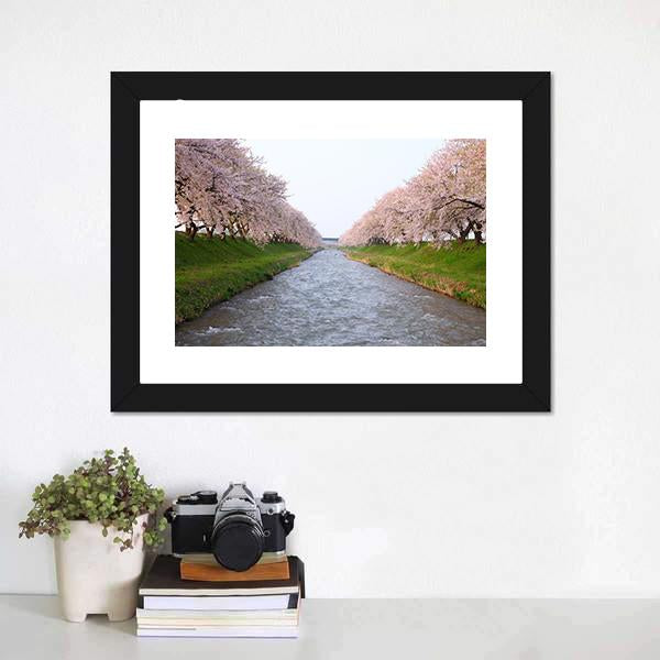 Cherry Tree &amp; River Canvas Wall Art-1 Piece-Framed Print-20" x 16"-Tiaracle