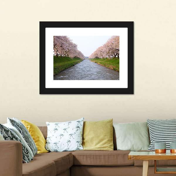 Cherry Tree & River Canvas Wall Art-5 Horizontal-Gallery Wrap-22" x 12"-Tiaracle