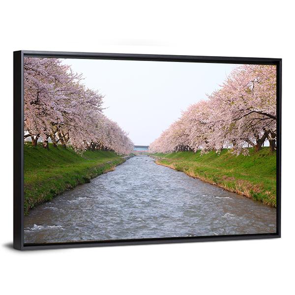 Cherry Tree & River Canvas Wall Art-5 Horizontal-Gallery Wrap-22" x 12"-Tiaracle