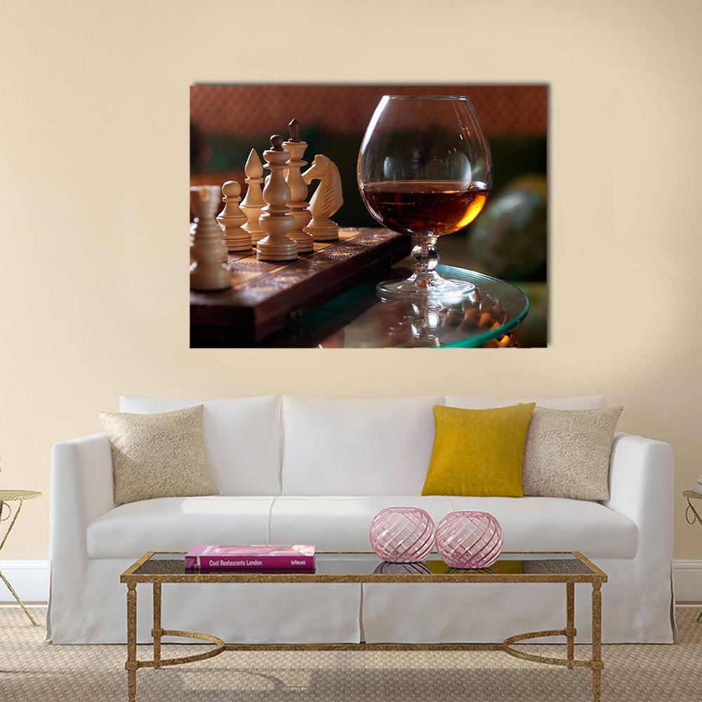Chess Board And Chess Pieces With Wine Canvas Wall Art-1 Piece-Gallery Wrap-36" x 24"-Tiaracle