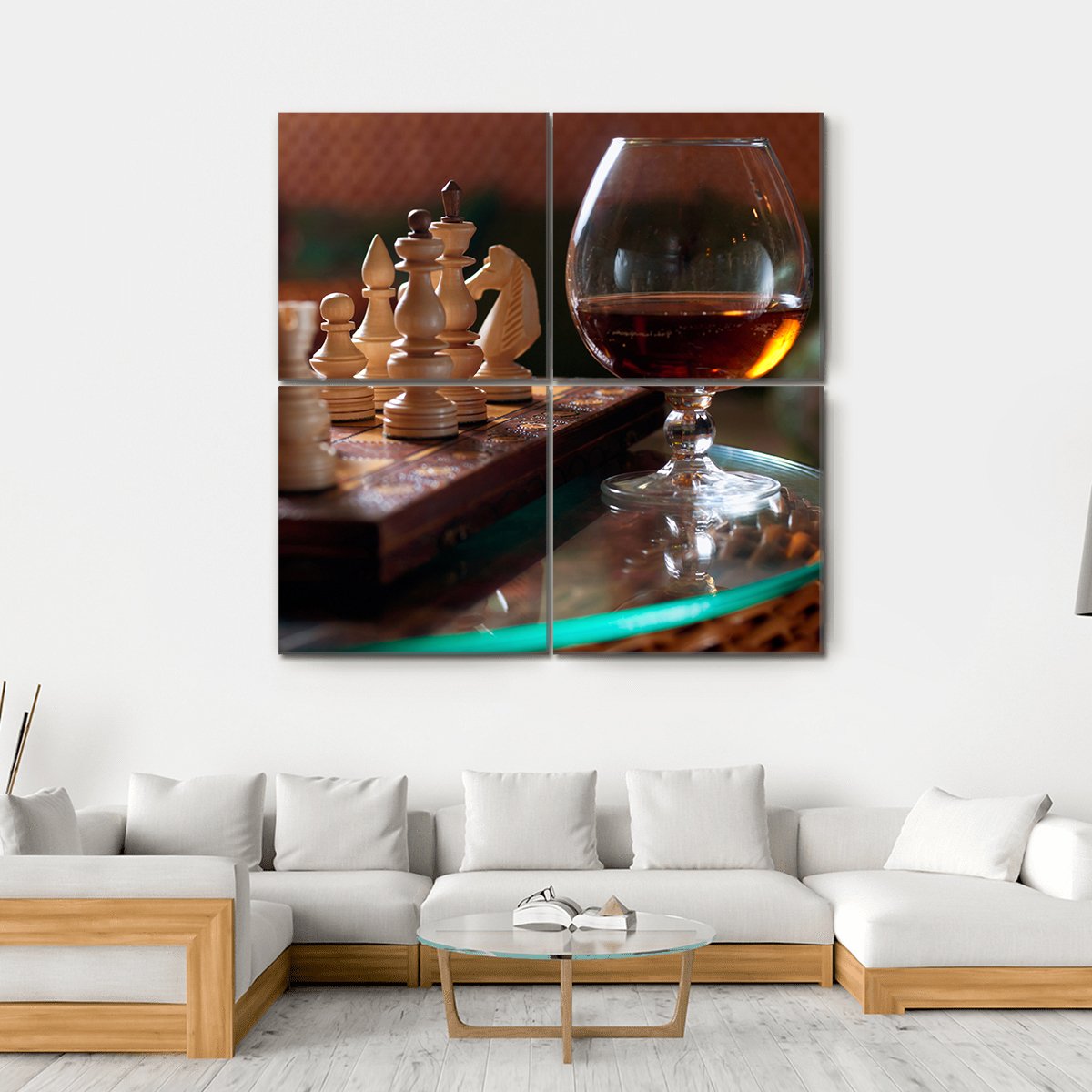Wooden Chess Pieces and Cognac Glass Canvas Wall Art in black, beige and brown, single panel hung on a wall