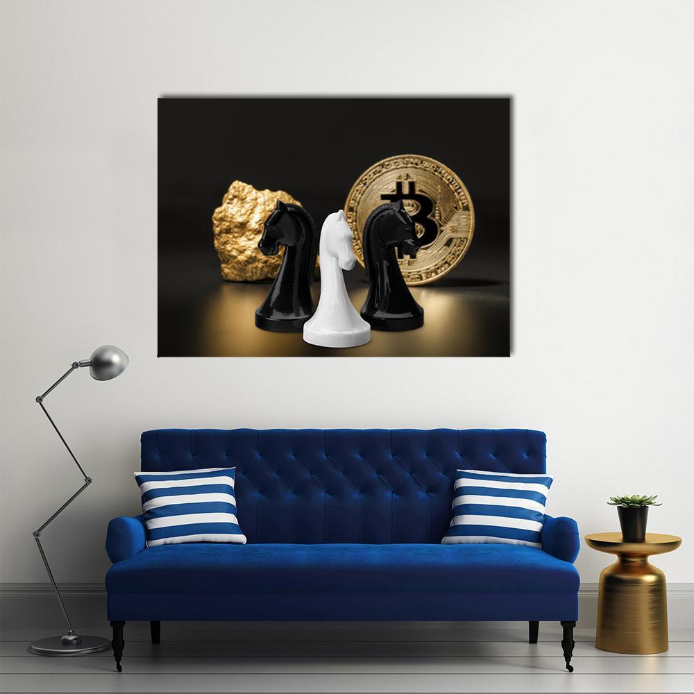 Chess Figures And Golden Bitcoin Canvas Wall Art-1 Piece-Gallery Wrap-36&quot; x 24&quot;-Tiaracle