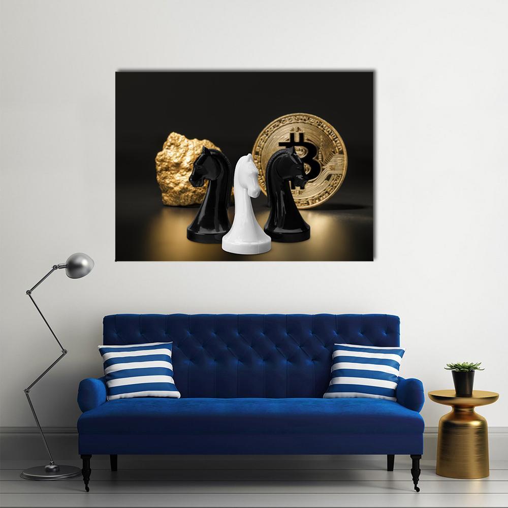 Chess Figures And Golden Bitcoin Canvas Wall Art-1 Piece-Gallery Wrap-36" x 24"-Tiaracle
