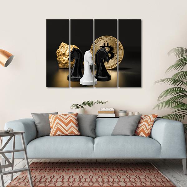Black and White Knights with Gold Bitcoin Canvas Wall Art in black, white and gold, single panel hung on a wall