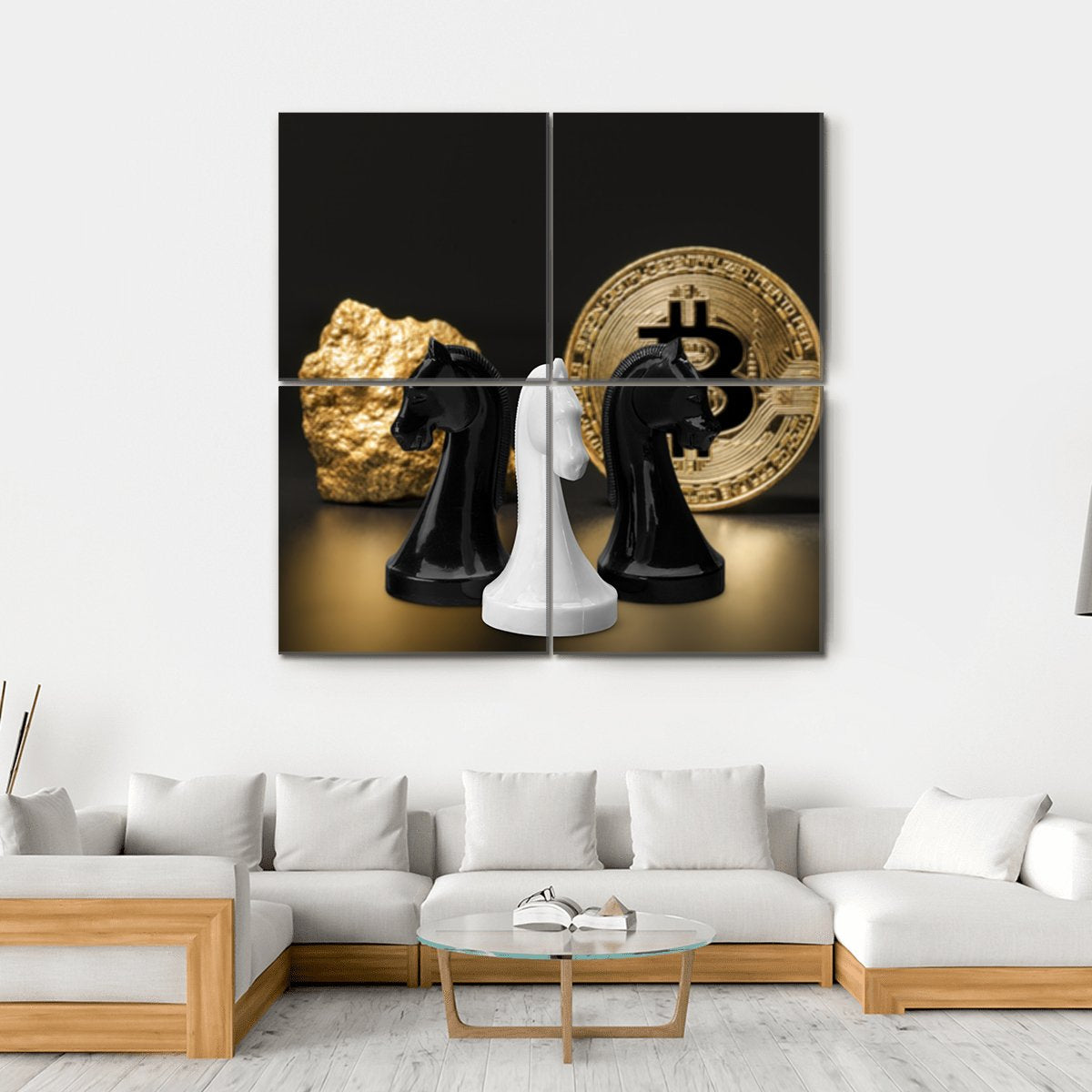 Black and White Knights with Gold Bitcoin Canvas Wall Art in black, white and gold, hung on a wall