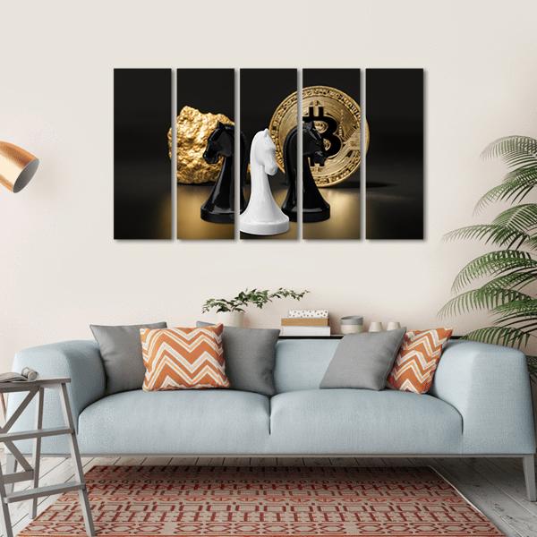 Black and White Knights with Gold Bitcoin Canvas Wall Art in black, white and gold, single panel hung on a wall