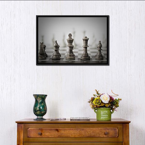 Chess Game Abstract Canvas Wall Art in black, white and gray, framed canvas, product view on a white background