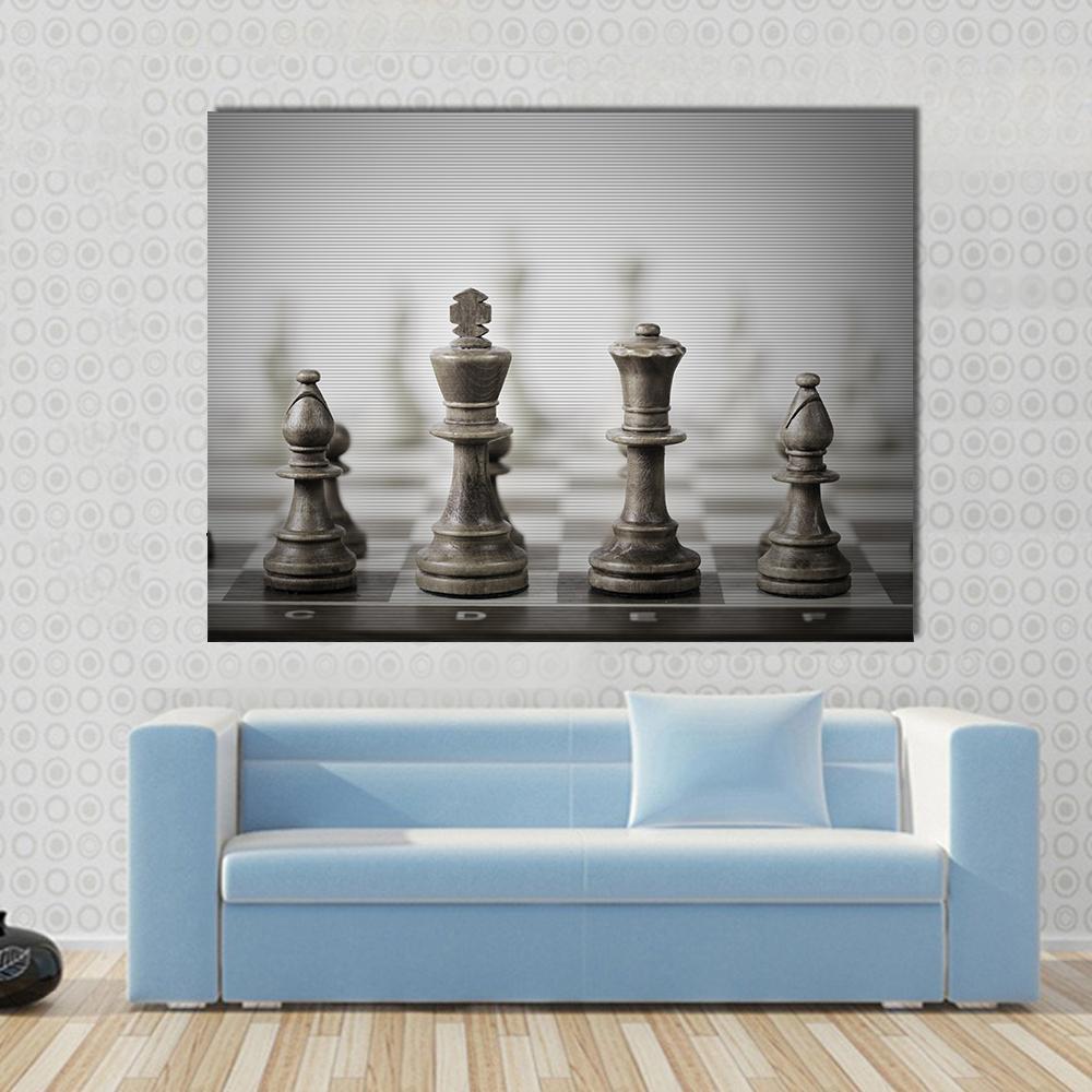 Chess Game Abstract Canvas Wall Art in black, white and gray, single panel hung on a wall