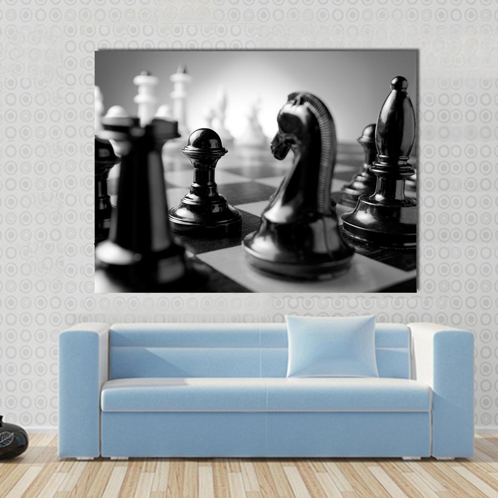 Chess Board Canvas Wall Art in black, white and gray, single panel hung on a wall