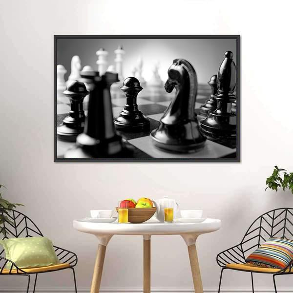 Chess Board Canvas Wall Art in black, white and gray, framed canvas, product view on a white background
