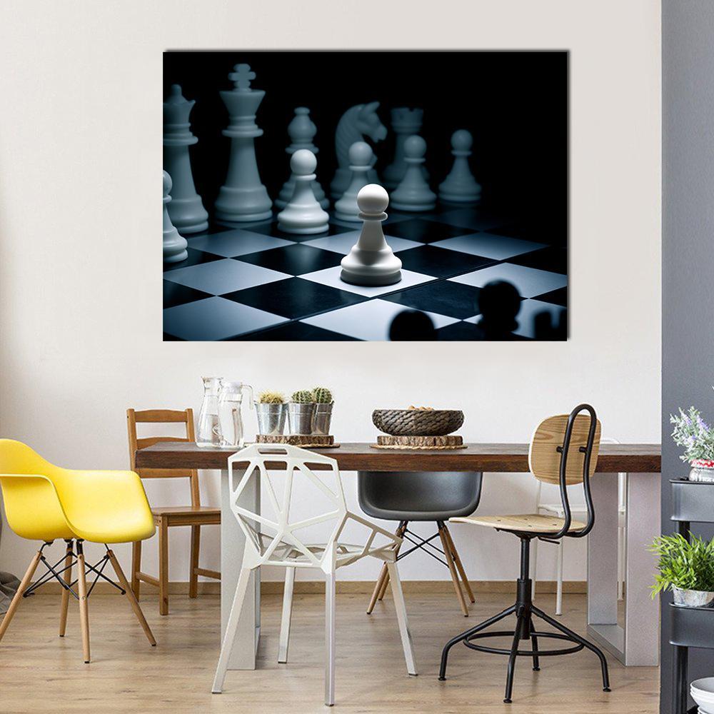 Chess White Go the First Canvas Wall Art in black, white and gray, single panel hung on a wall