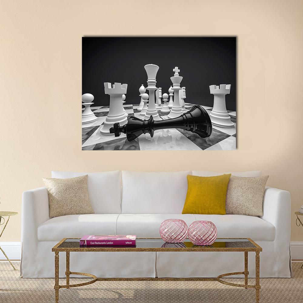 Fallen Black King on Chessboard Canvas Wall Art in black, white and gray, single panel hung on a wall