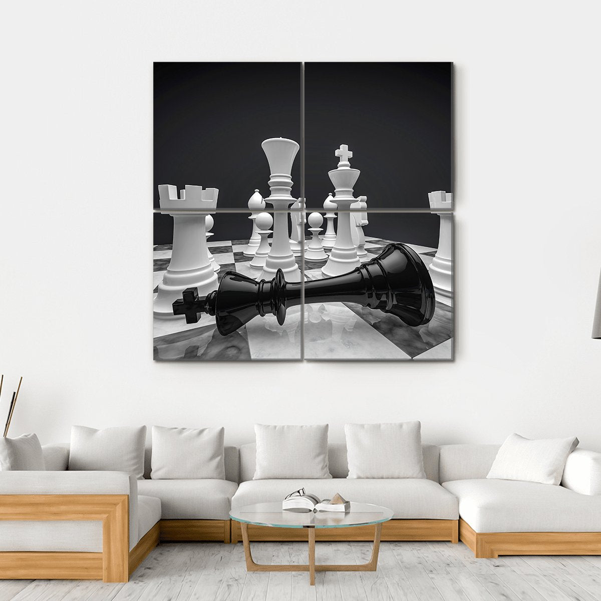 Fallen Black King on Chessboard Canvas Wall Art in black, white and gray, hung on a wall