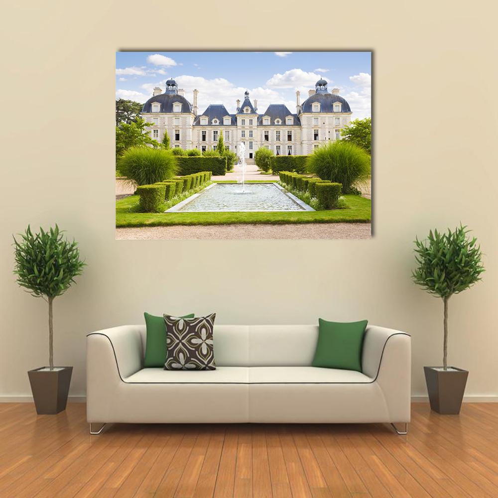Cheverny Chateau Garden View Canvas Wall Art in white, green and blue, single panel hung on a wall