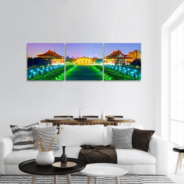 Chiang Kai Shek Memorial Hall at Dusk Panoramic Canvas Wall Art in yellow, green and blue, hung on a wall