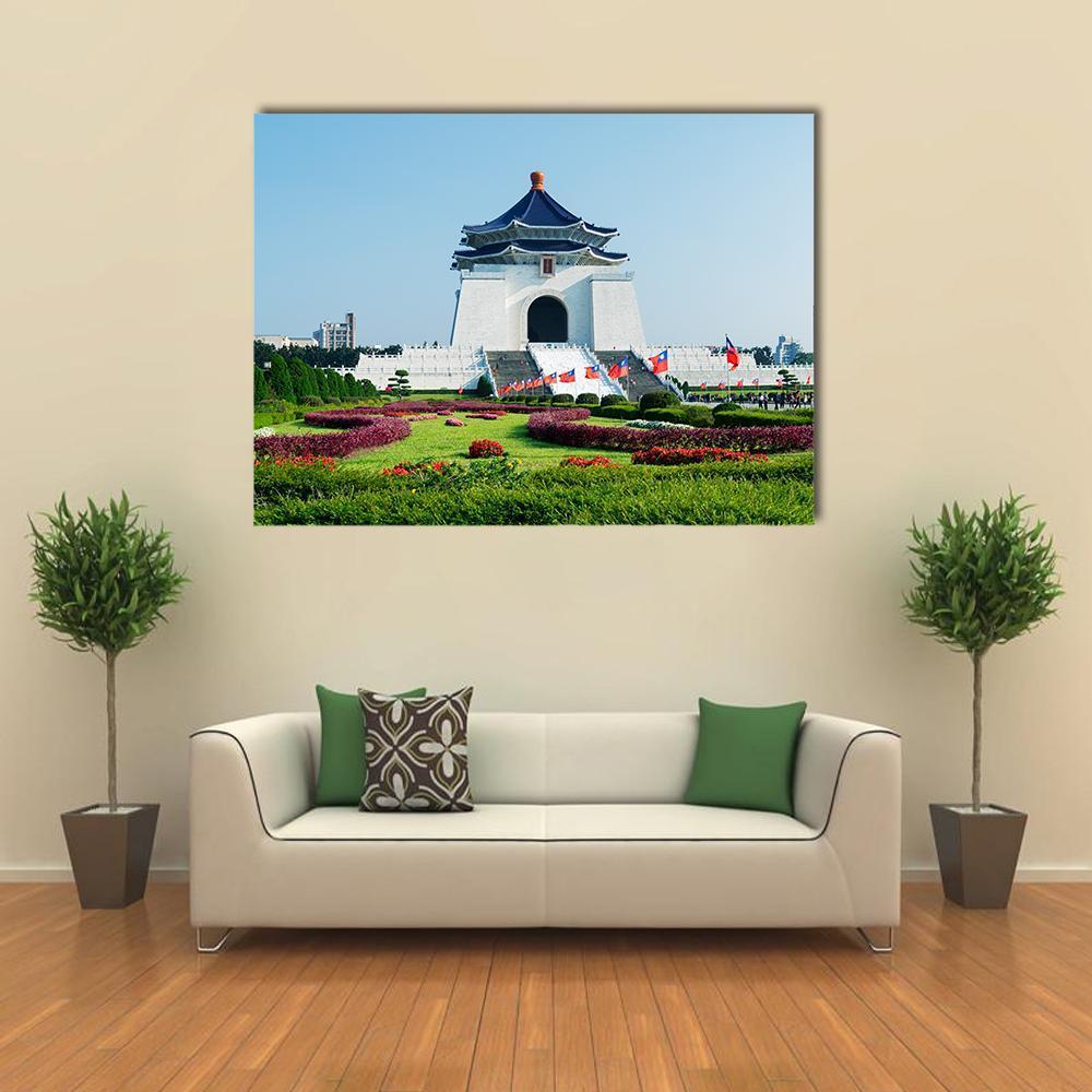Chiang Kai-shek Memorial Hall Canvas Wall Art in white, green and blue, single panel hung on a wall