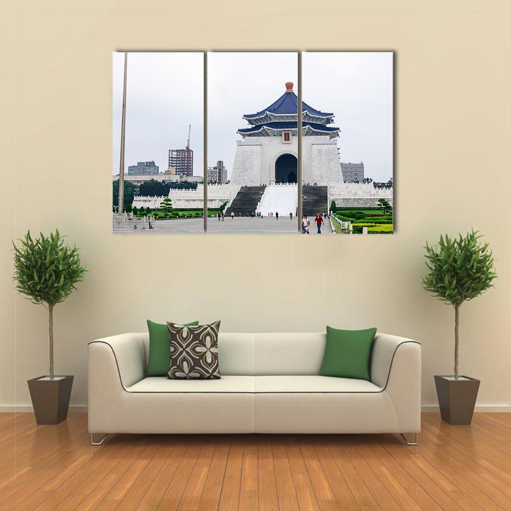 Chiang Kai Shek Memorial Hall Canvas Wall Art in white, gray and blue, 3 panel horizontal set hung on a wall