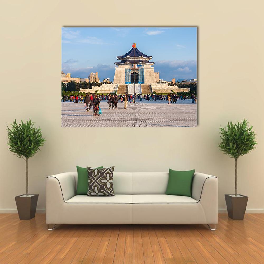 National Chiang Kai-shek Memorial Hall Taipei Canvas Wall Art in white, gray and blue, single panel hung on a wall