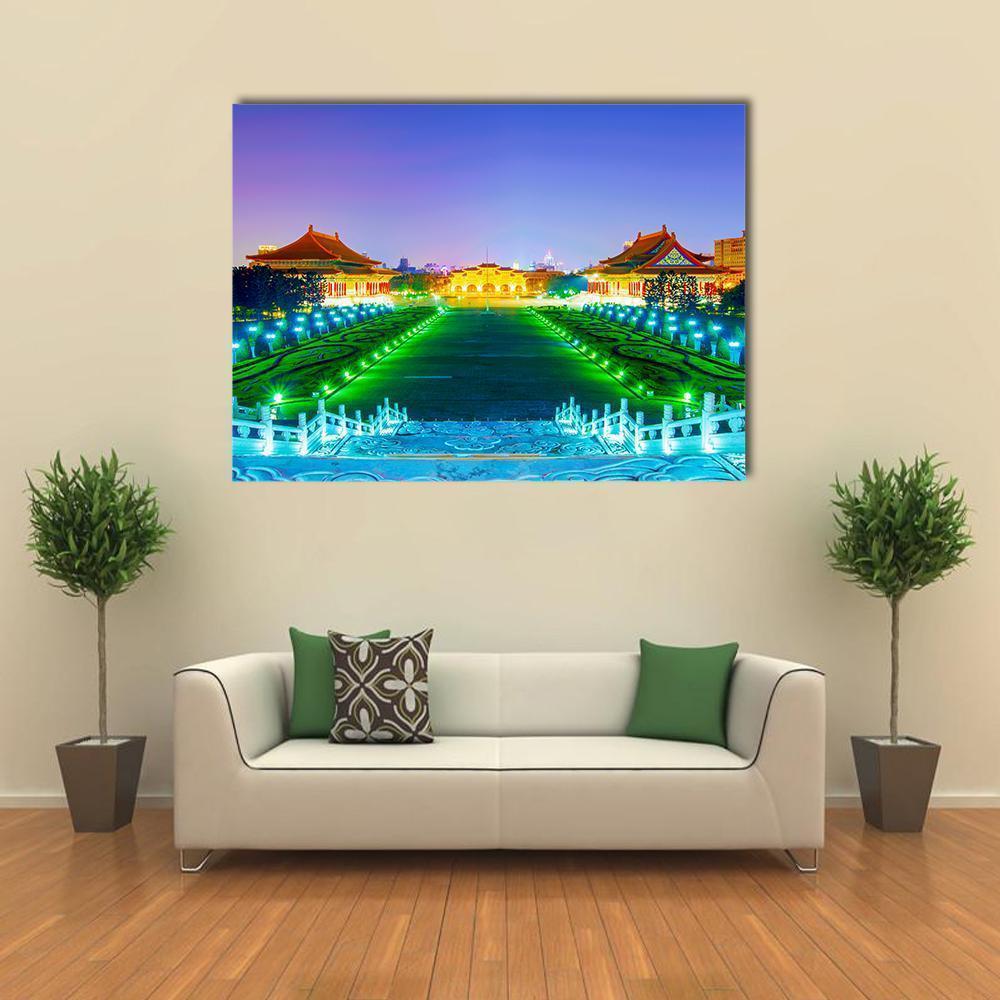 Chiang Kai Shek Memorial Hall at Night Canvas Wall Art in green, blue and purple, single panel hung on a wall