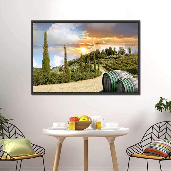 Chianti Vineyard at Sunset Canvas Wall Art in orange, yellow and green, framed canvas, product view on a white background