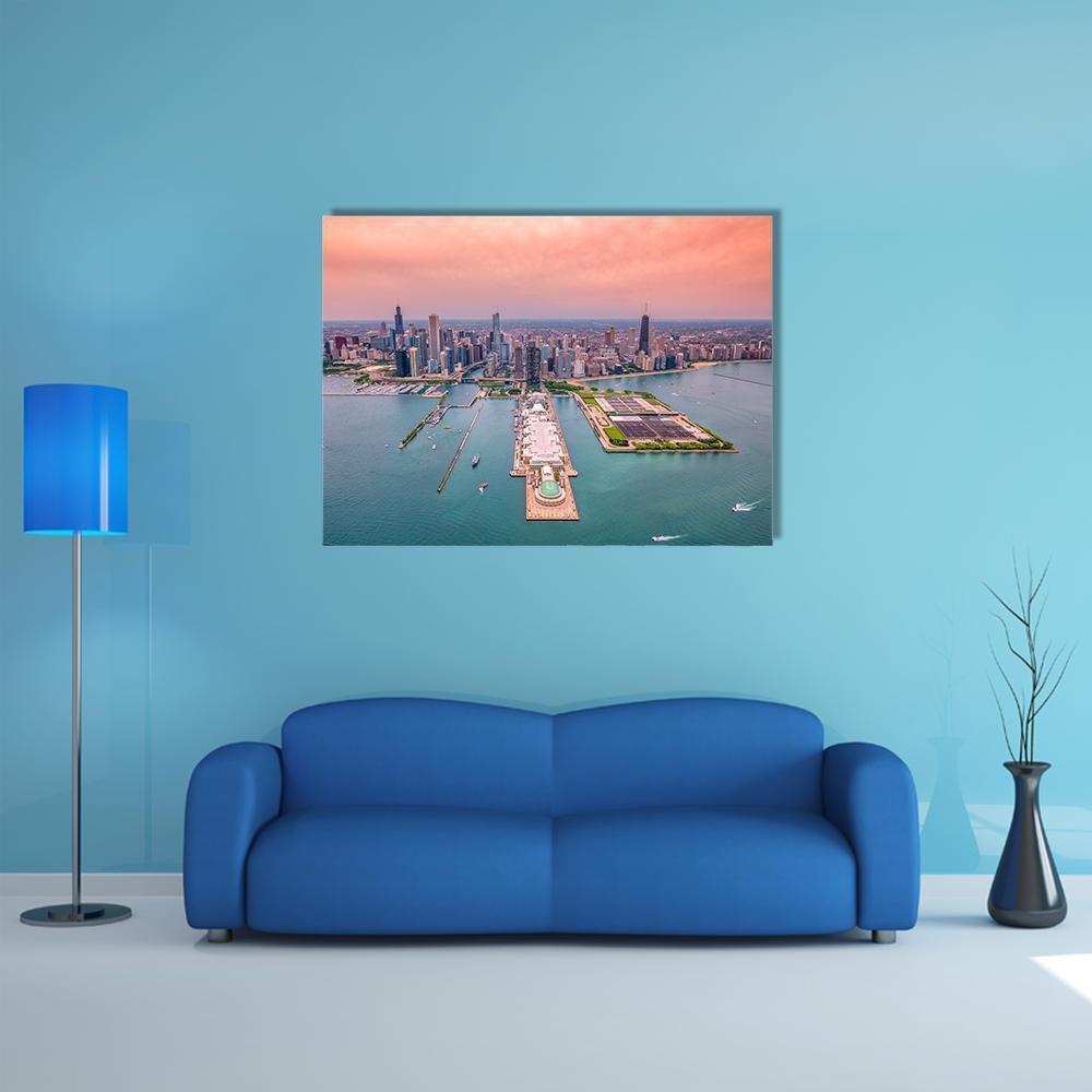 Chicago Skyline at Sunset Canvas Wall Art in orange, blue and pink, single panel hung on a wall