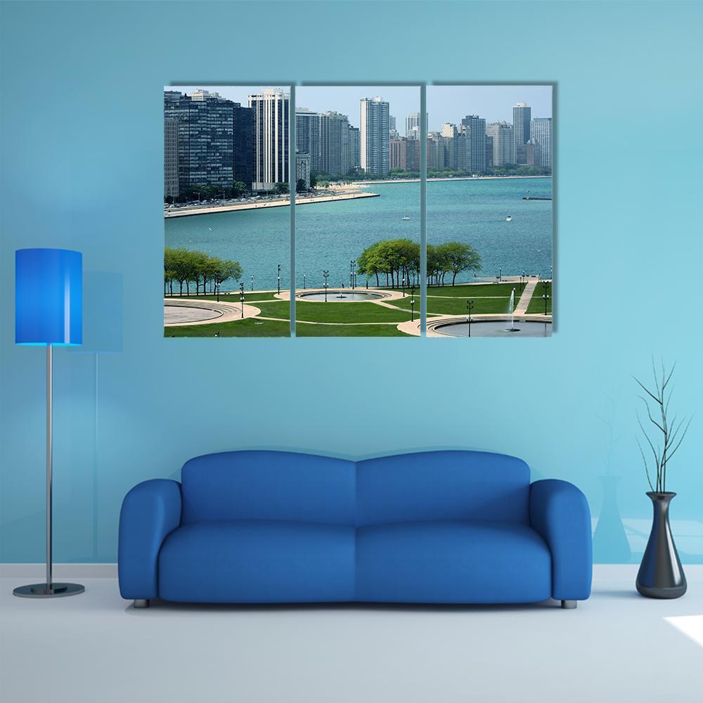 Chicago Cityscape With Lake Canvas Wall Art-3 Horizontal-Gallery Wrap-37" x 24"-Tiaracle