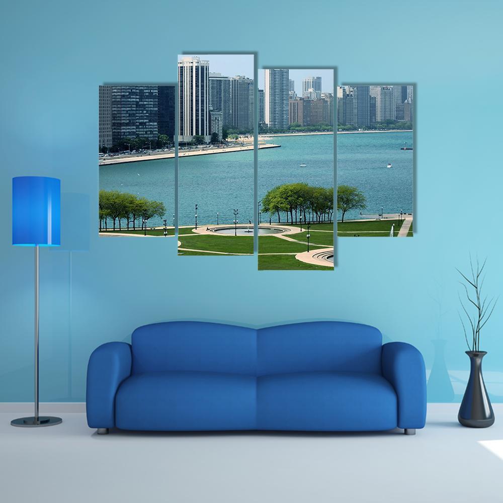 Chicago Cityscape With Lake Canvas Wall Art-4 Pop-Gallery Wrap-50" x 32"-Tiaracle