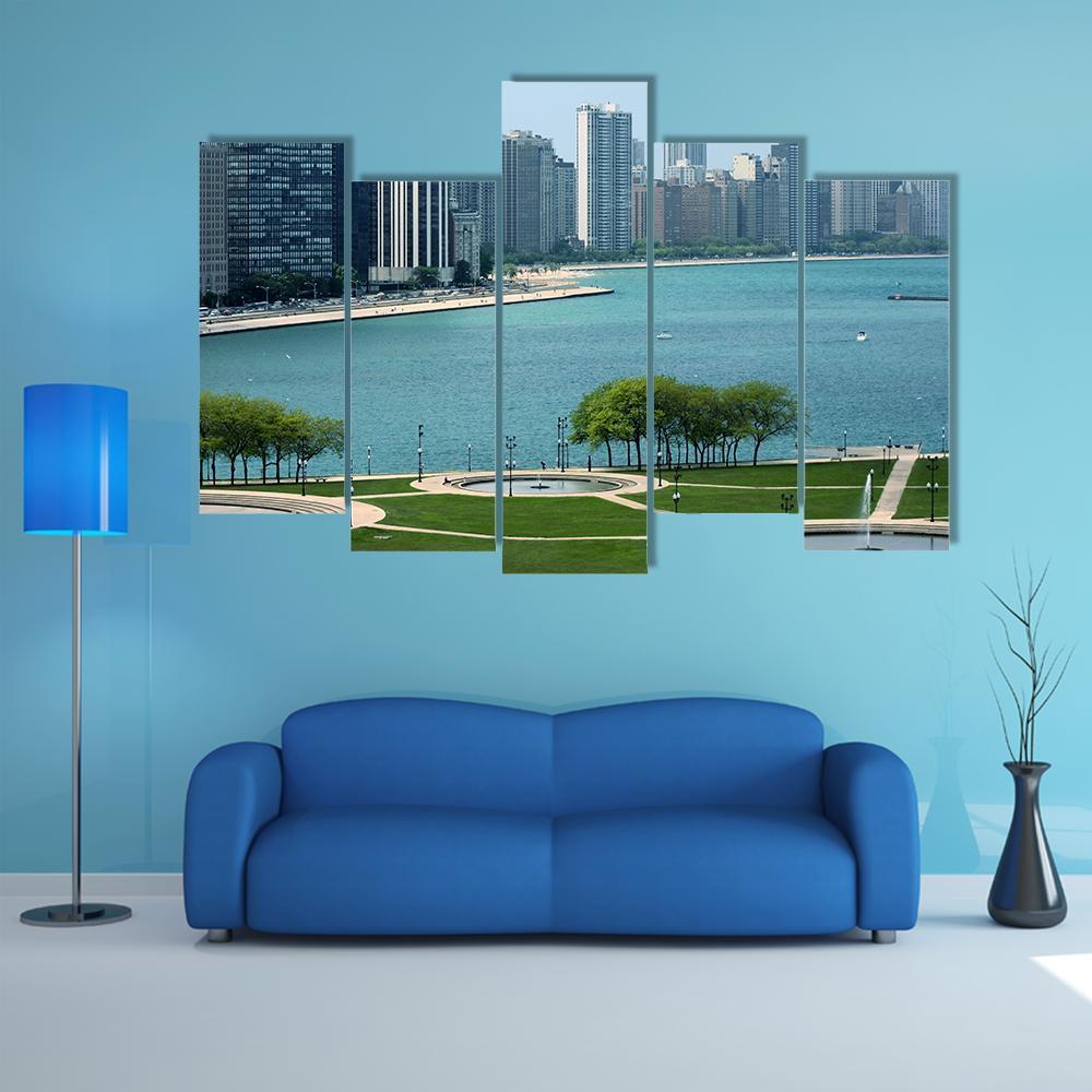 Chicago Cityscape With Lake Canvas Wall Art-5 Pop-Gallery Wrap-47" x 32"-Tiaracle