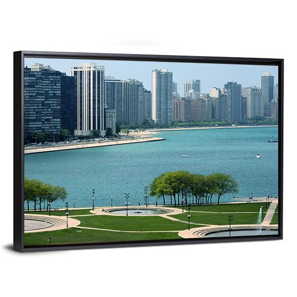 Chicago Cityscape With Lake Canvas Wall Art-3 Horizontal-Gallery Wrap-25" x 16"-Tiaracle