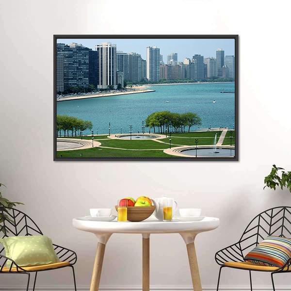 Chicago Cityscape With Lake Canvas Wall Art-1 Piece-Floating Frame-24" x 16"-Tiaracle