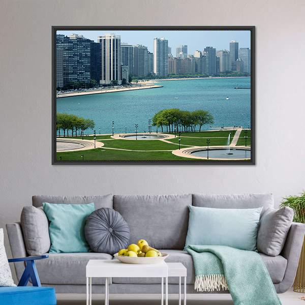 Chicago Cityscape With Lake Canvas Wall Art-3 Horizontal-Gallery Wrap-25" x 16"-Tiaracle