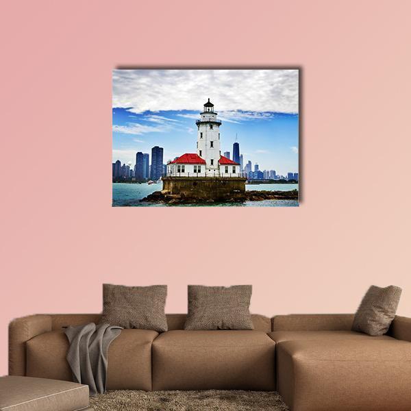 Chicago Lighthouse and City Skyline Canvas Wall Art in white, gray and blue, single panel hung on a wall
