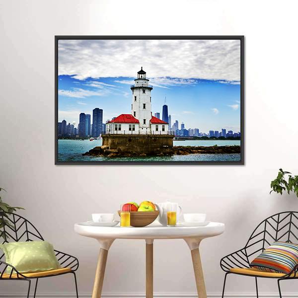 Chicago Lighthouse and City Skyline Canvas Wall Art in white, gray and blue, framed canvas, product view on a white background